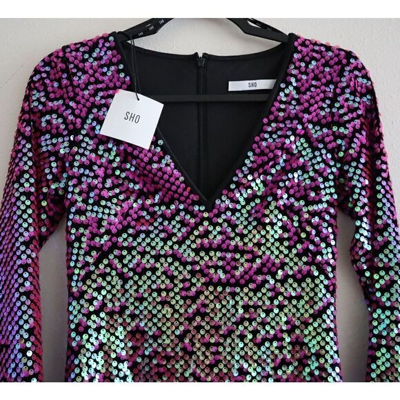 SHO x Tadashi Shoji Sz XXS Hot Pink Long Sleeve Paillette Body-Con Dress - Picture 5 of 16